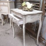 Small side table with walnut storage, patinated white shabby chipped