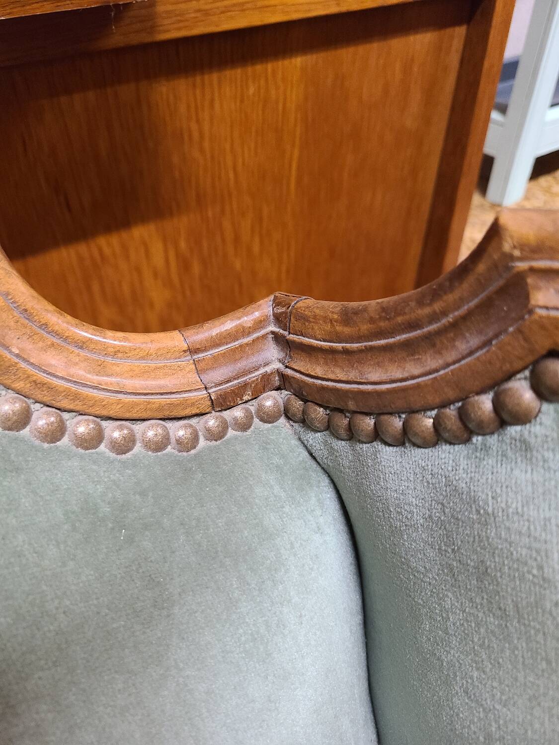 Vintage Louis XV style wing chair, light green velvet