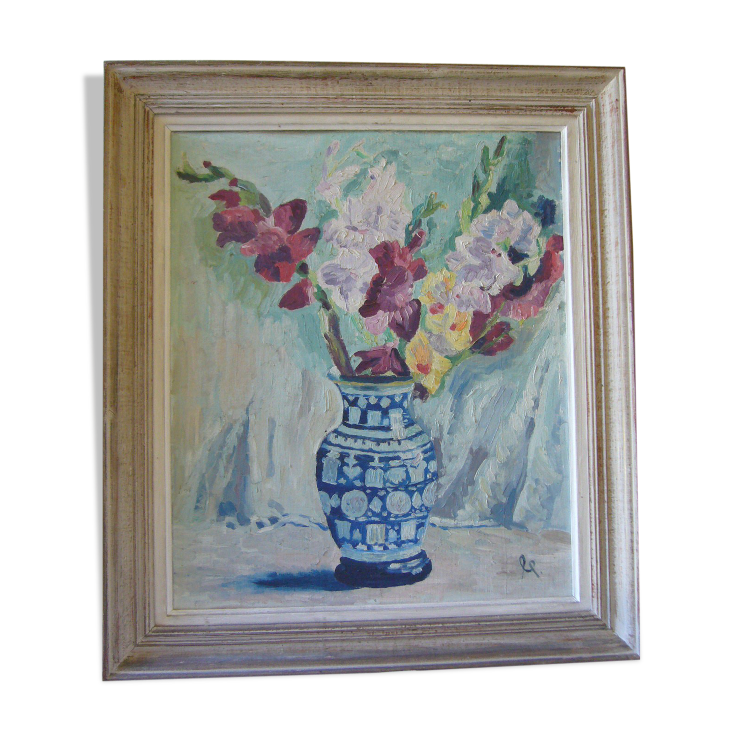 Ancient painting painted on cardboard bouquet of flowers in a vase