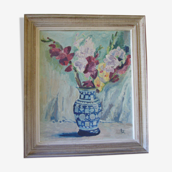 Tableau ancien peint sur carton bouquet de fleurs dans un vase