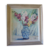 Ancient painting painted on cardboard bouquet of flowers in a vase