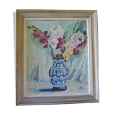Ancient painting painted on cardboard bouquet of flowers in a vase