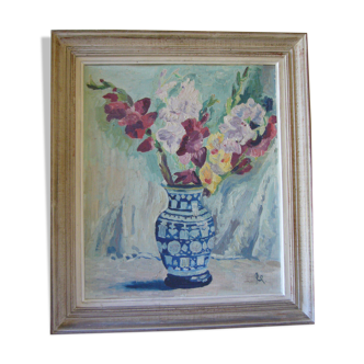Ancient painting painted on cardboard bouquet of flowers in a vase