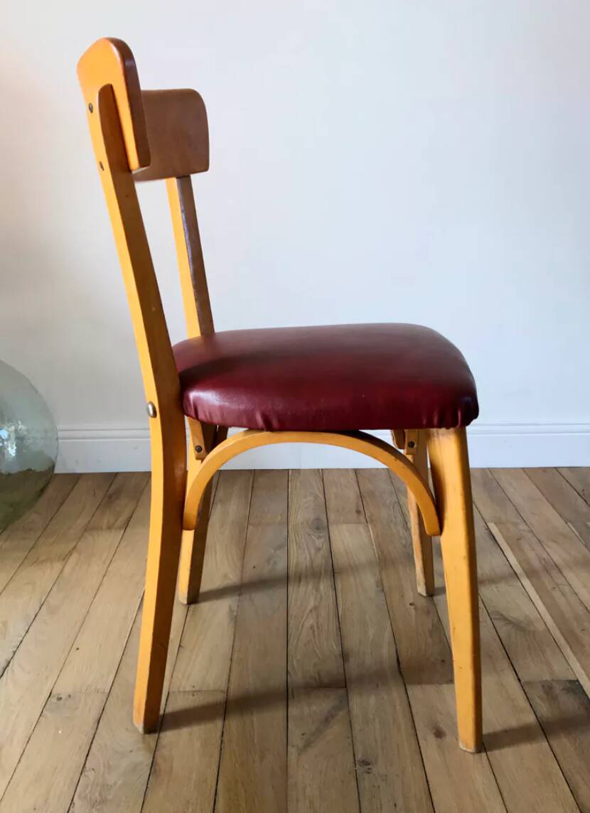 Set of 6 Luterma bistro chairs in blond wood and skaï 50s