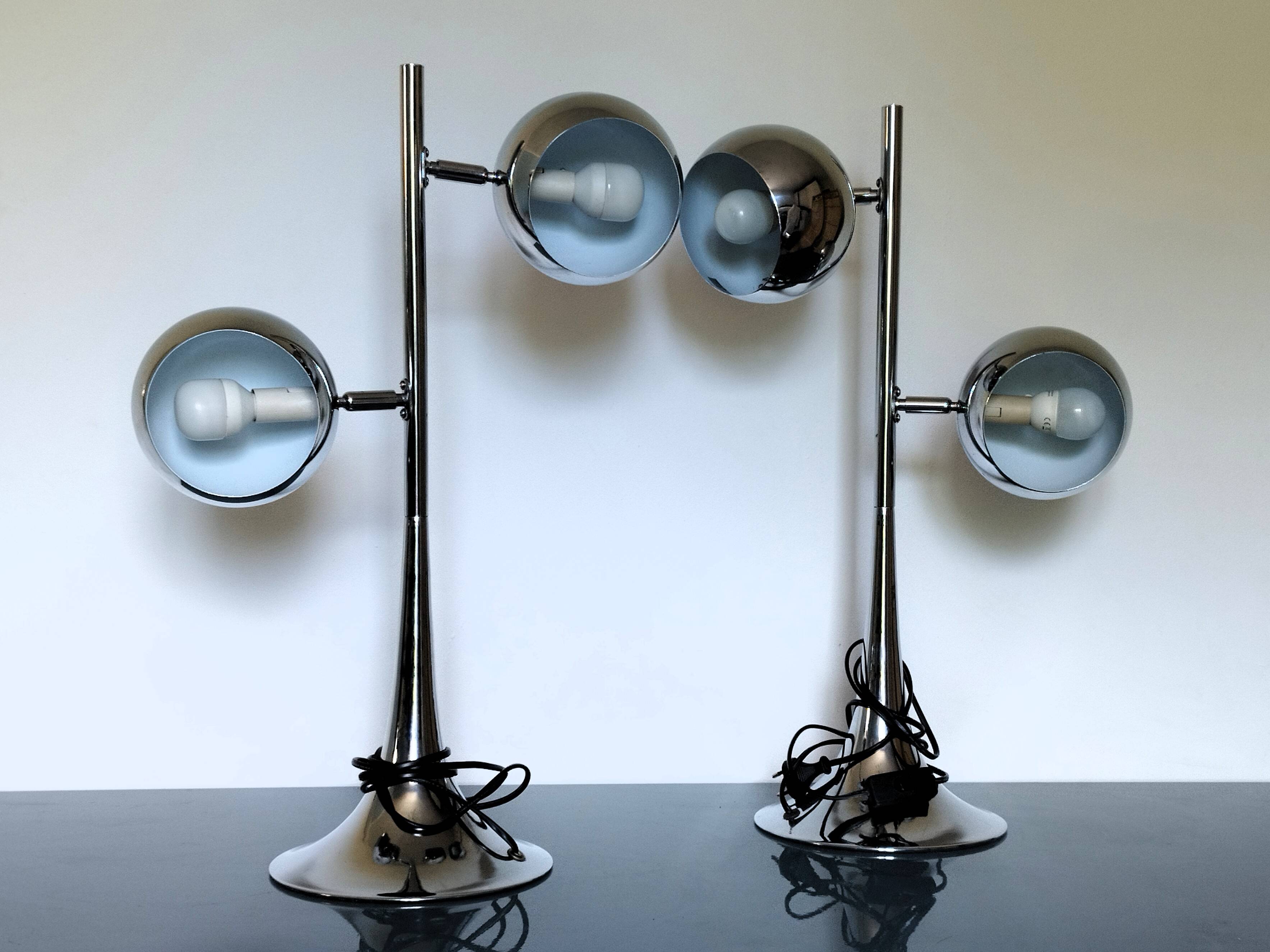 Rare vintage chrome lamps eye ball - tulip base - adjustable globes