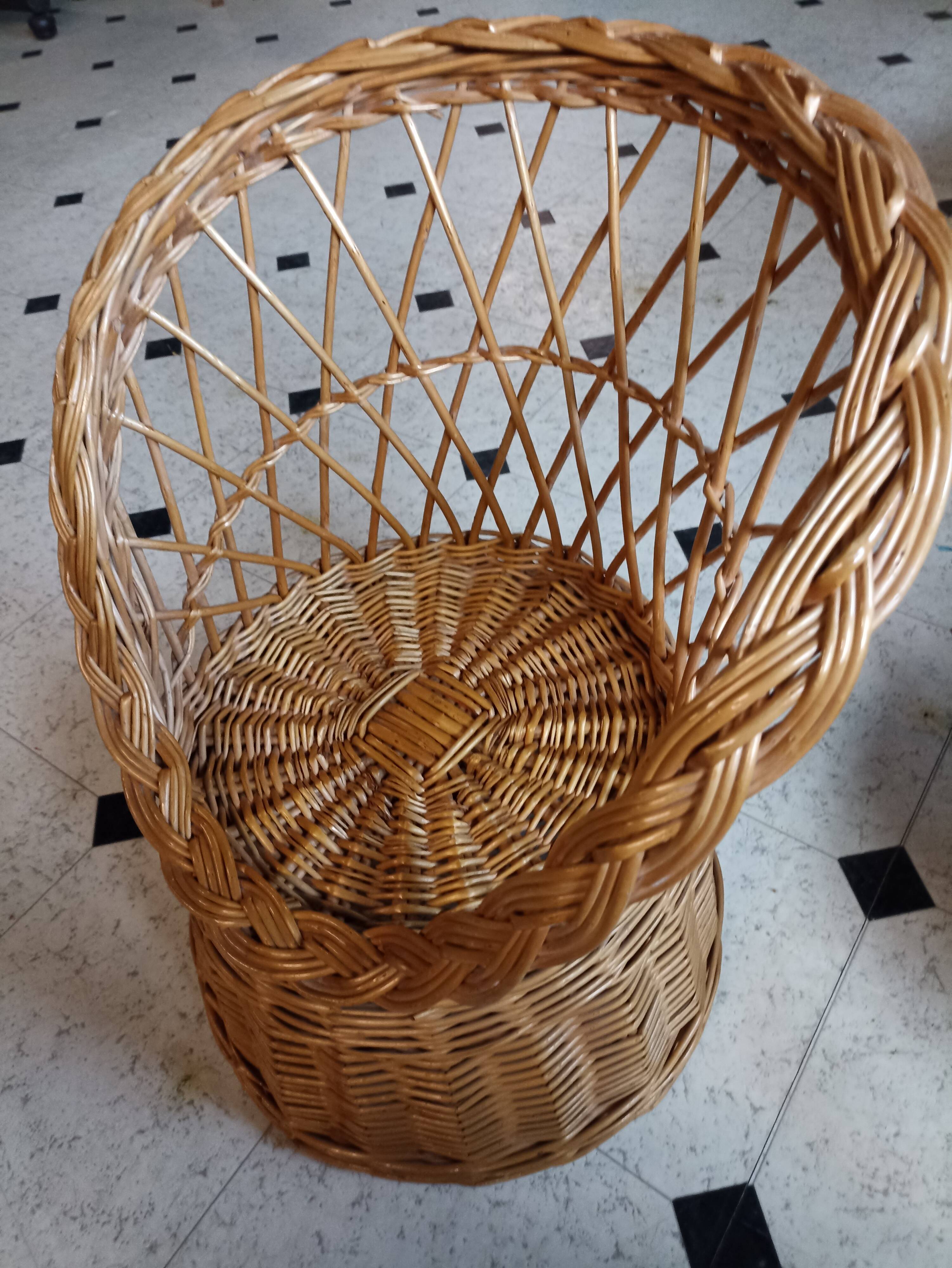 Set of 2 vintage 1970s rattan children's armchairs with orange cushions