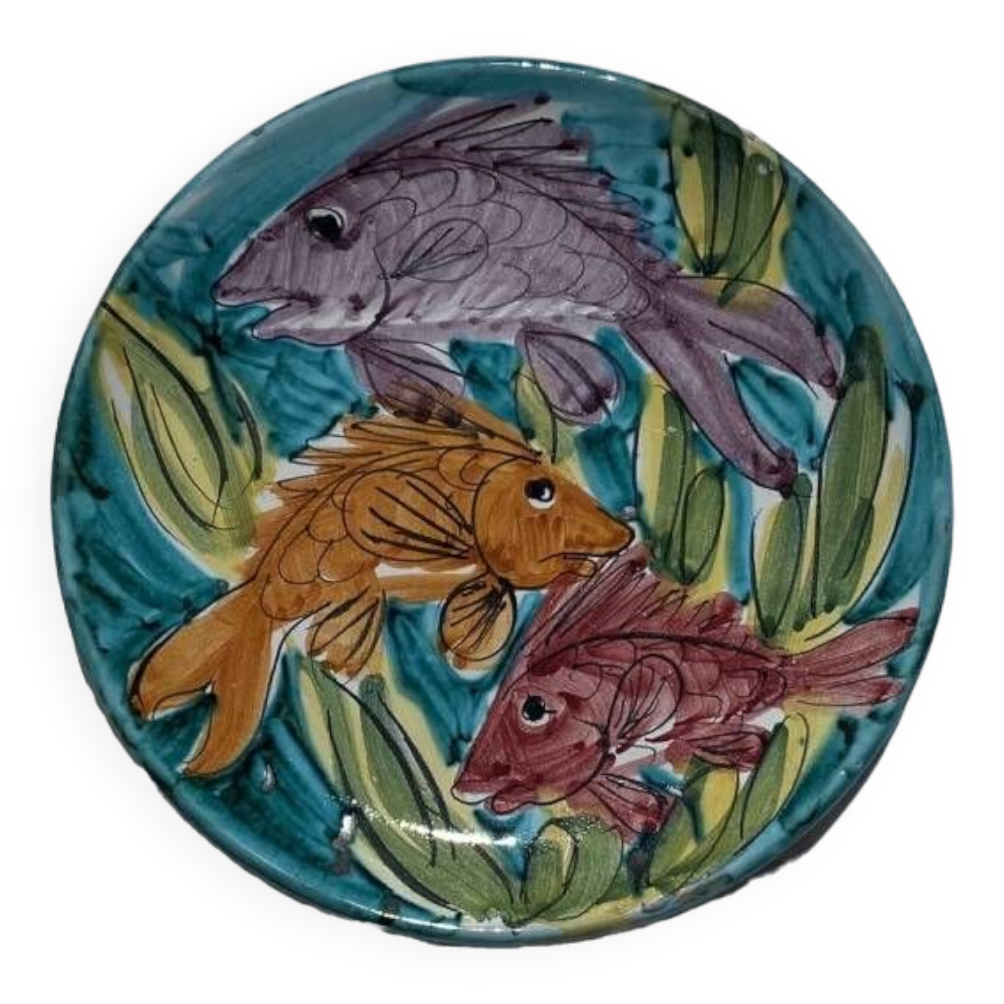 Orange, purple fish plate, Sicily Italy