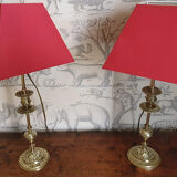 Duo of lamps in brass red lampshade
