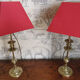 Duo de lampes en laiton abat-jour rouge