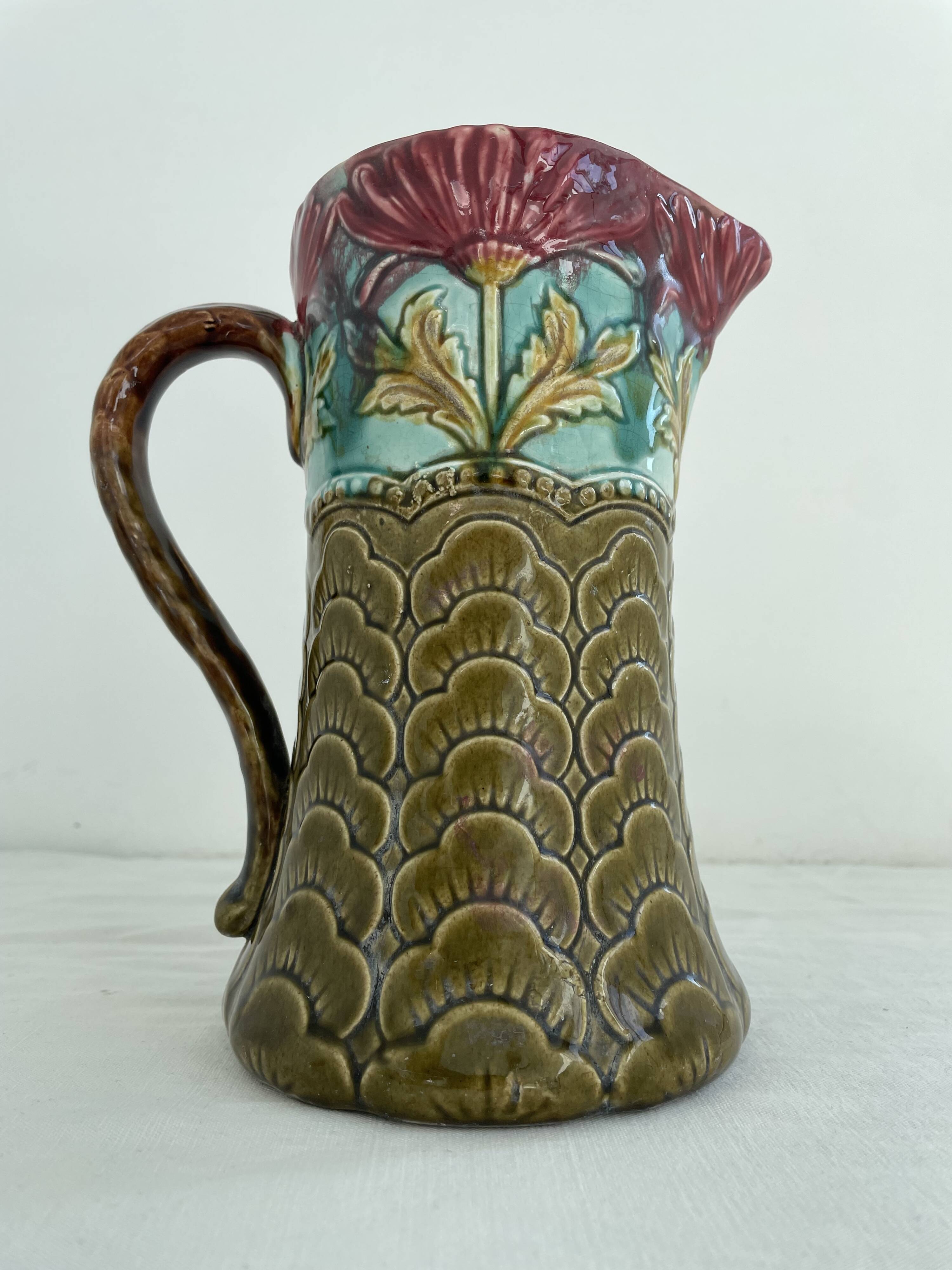 Slip pitcher, Orchies, jug, majolica, earthenware, floral decoration