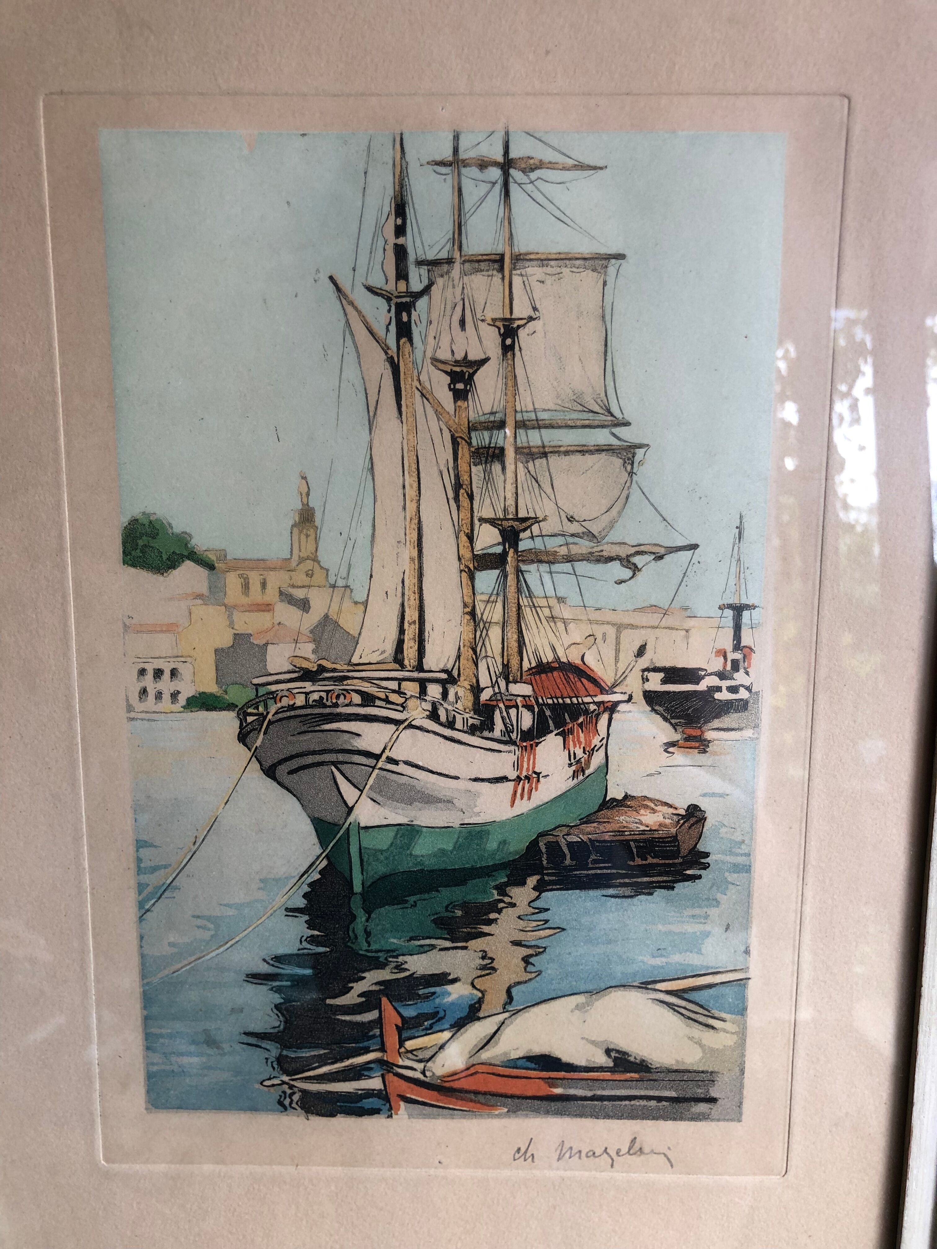 Framed engraving port landscape