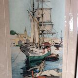 Framed engraving port landscape