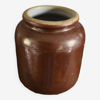 Large brown mustard pot with glazed interior