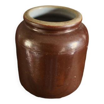 Large brown mustard pot with glazed interior