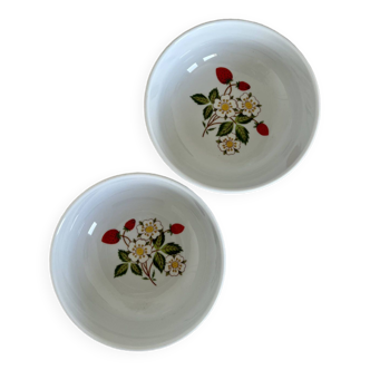 Pair of vintage Chinese white porcelain bowls stamped and strawberry motifs