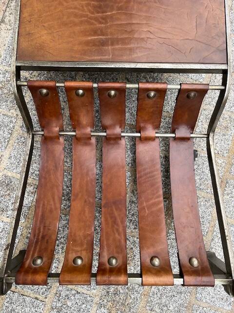 Wrought iron and leather coffee table, brutalist style, 1970s