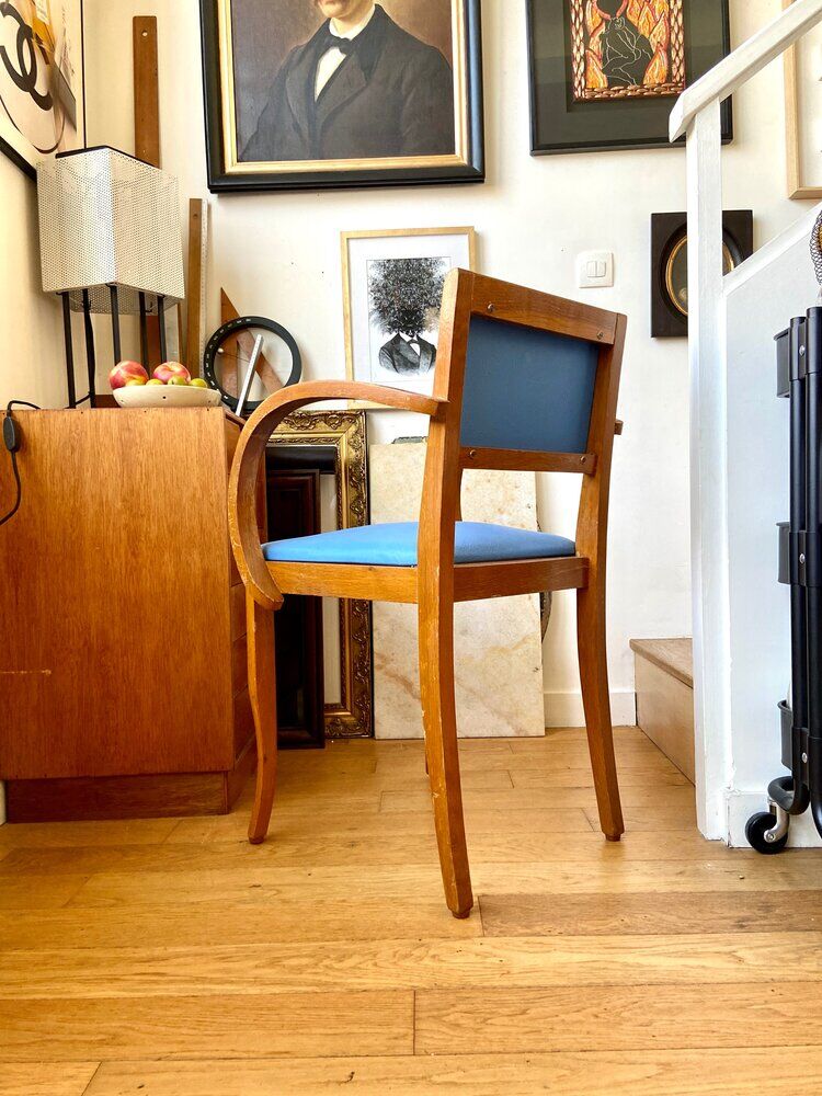 Bridge armchair in wood and blue skaï