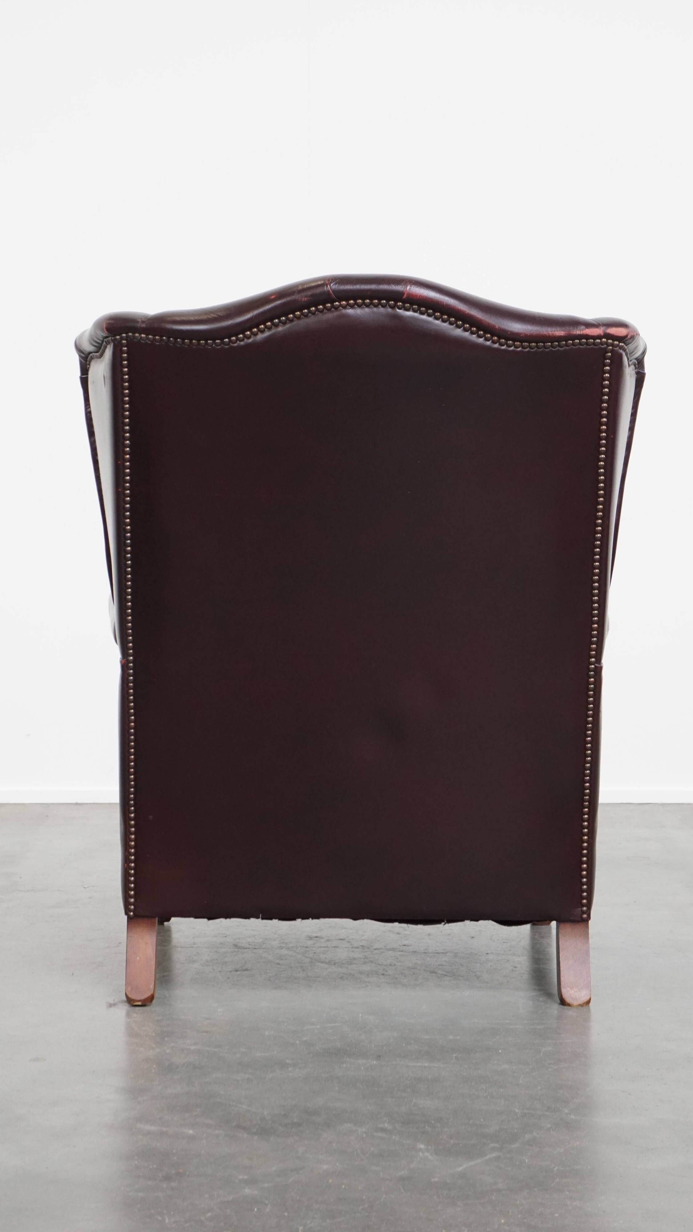 Bordeaux Red Cowhide Wingback Chair in English Style