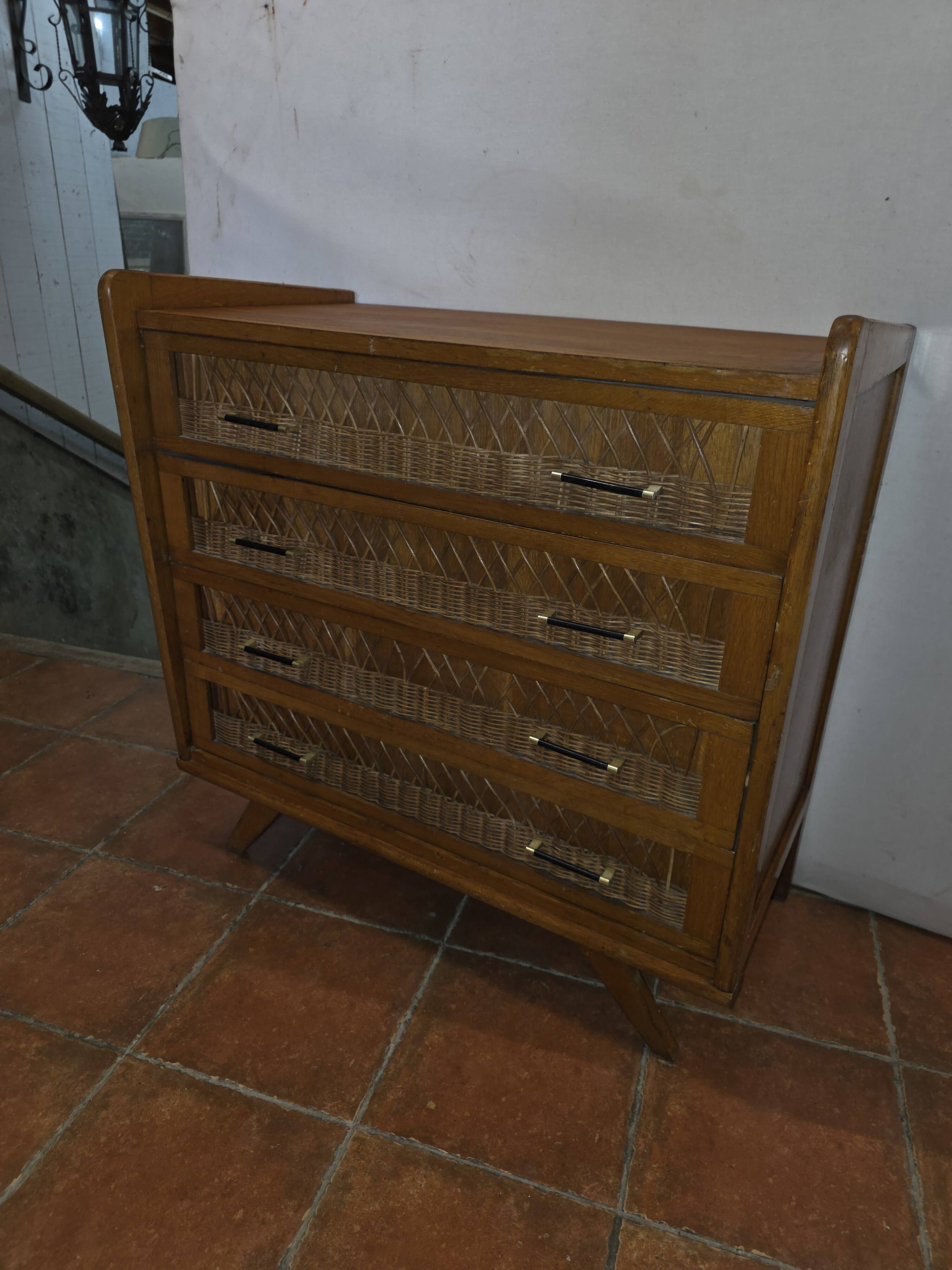 Commode vintage rotin et chêne des années 60
