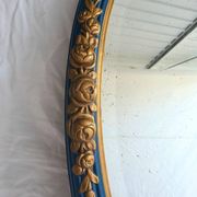 Antique oval mirror, royal blue and gold – rose design – 80 x 52 cm