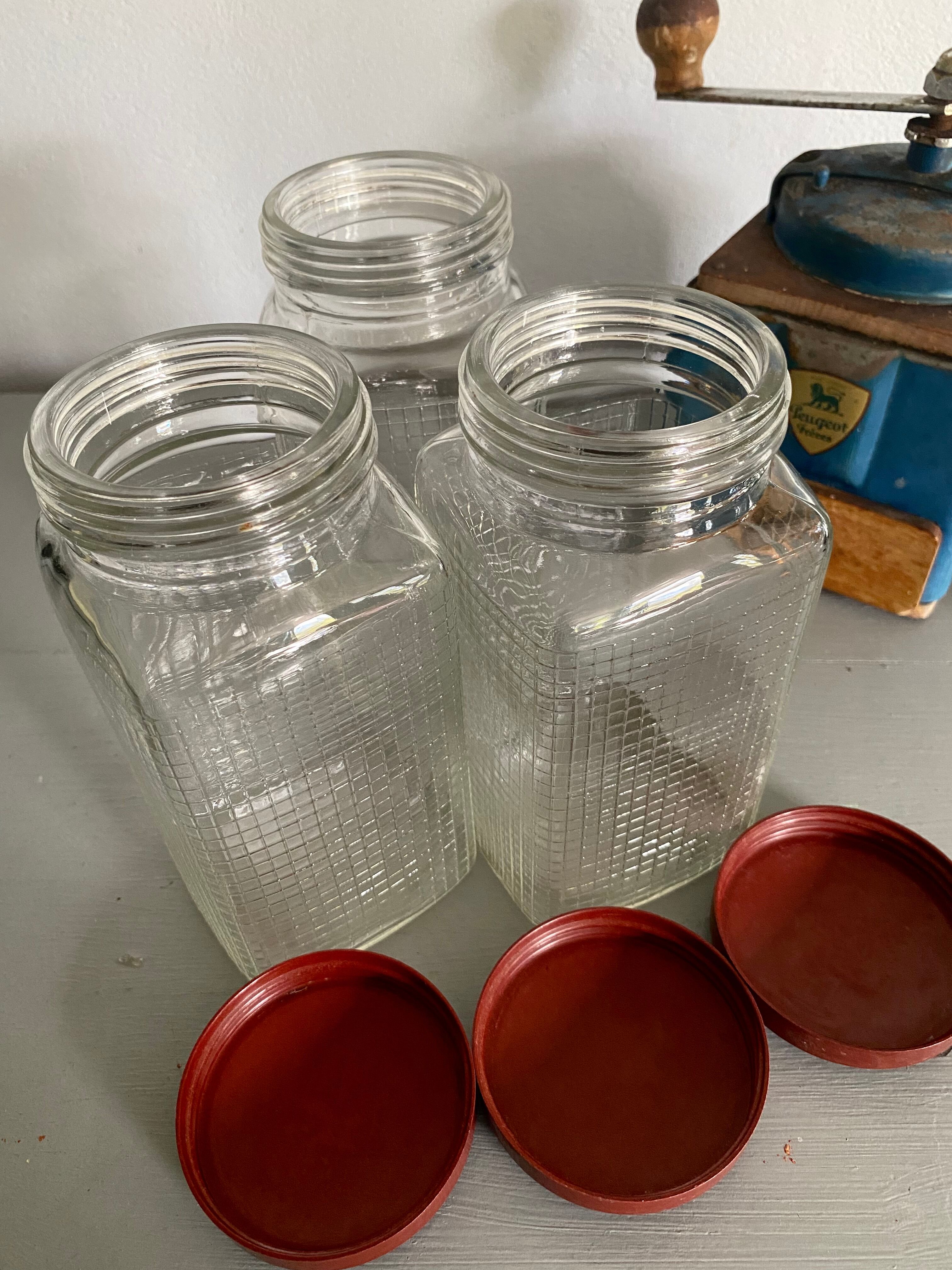 Trio bocaux verre quadrillé bouchon vintage