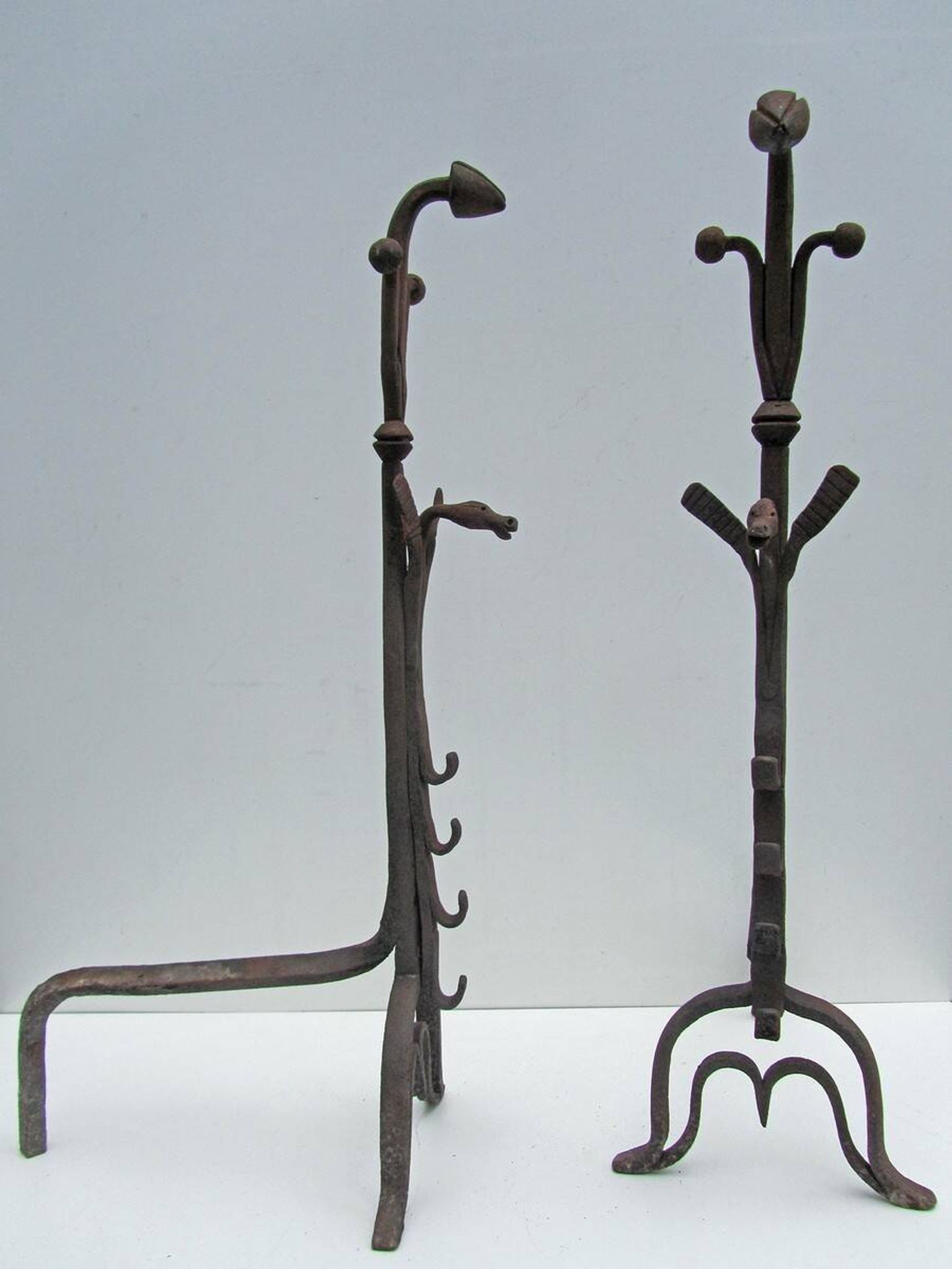 17th-18th Century Hand Forged Iron Dragon Gothic Andirons or Firedogs