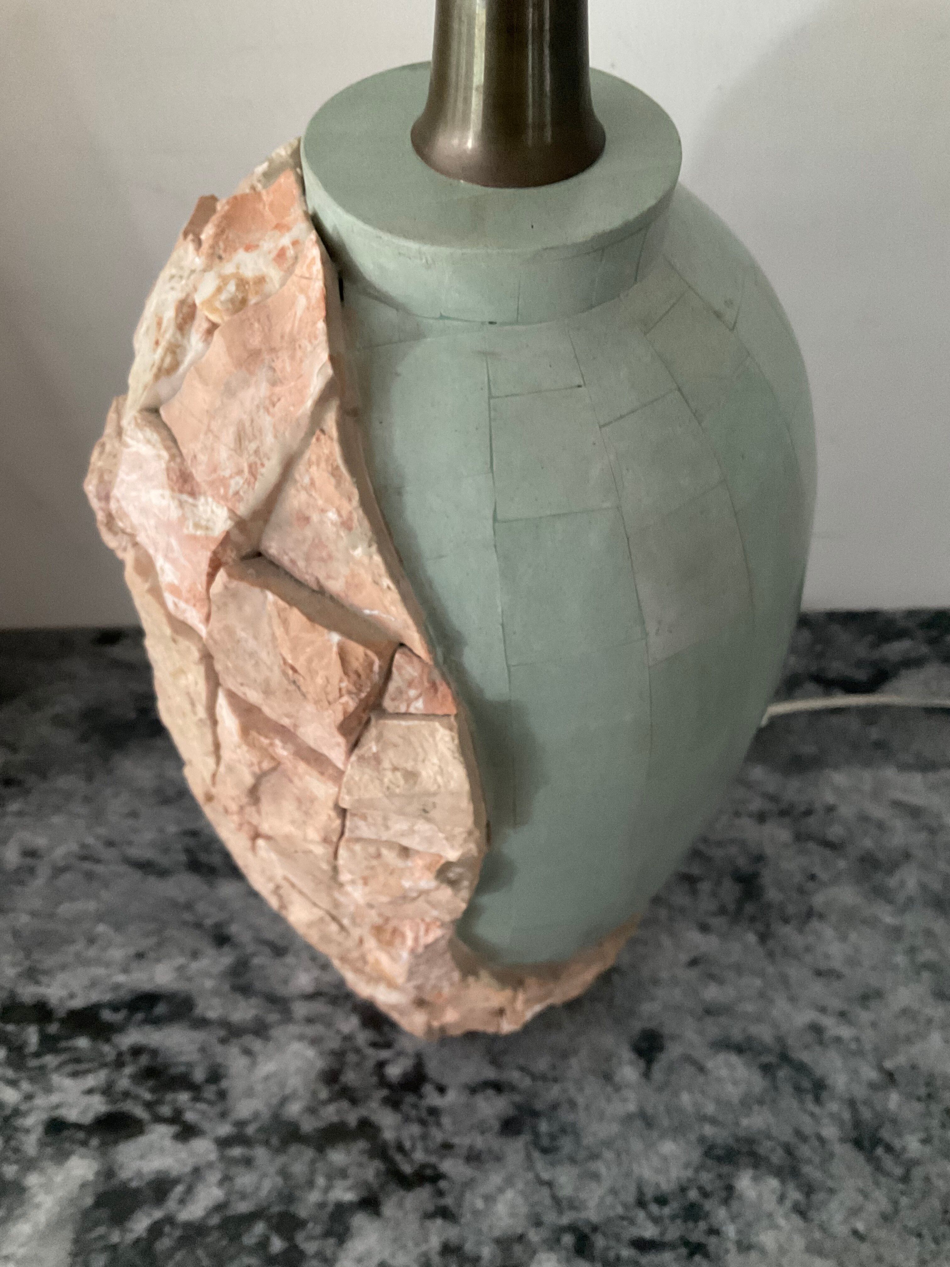 Vintage lamp base in Mactan stone and green marble.