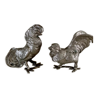 Duo of fighting cocks in vintage silver metal 70/80