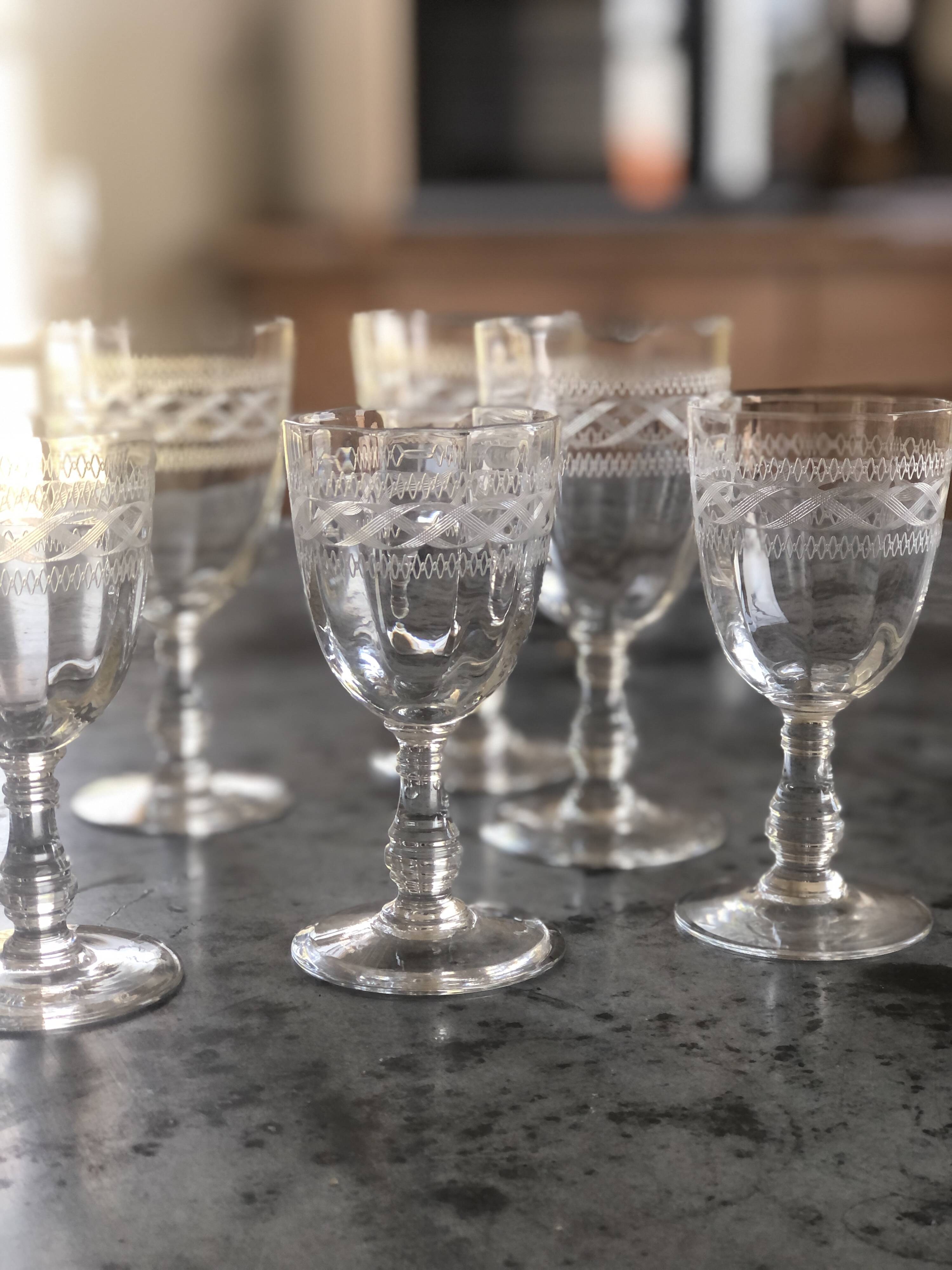 6 old engraved crystal glasses