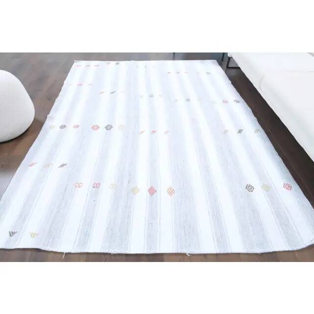 Vintage Turkish Oushak Handmade Wool Cotton White Kilim Area Rug 187x246