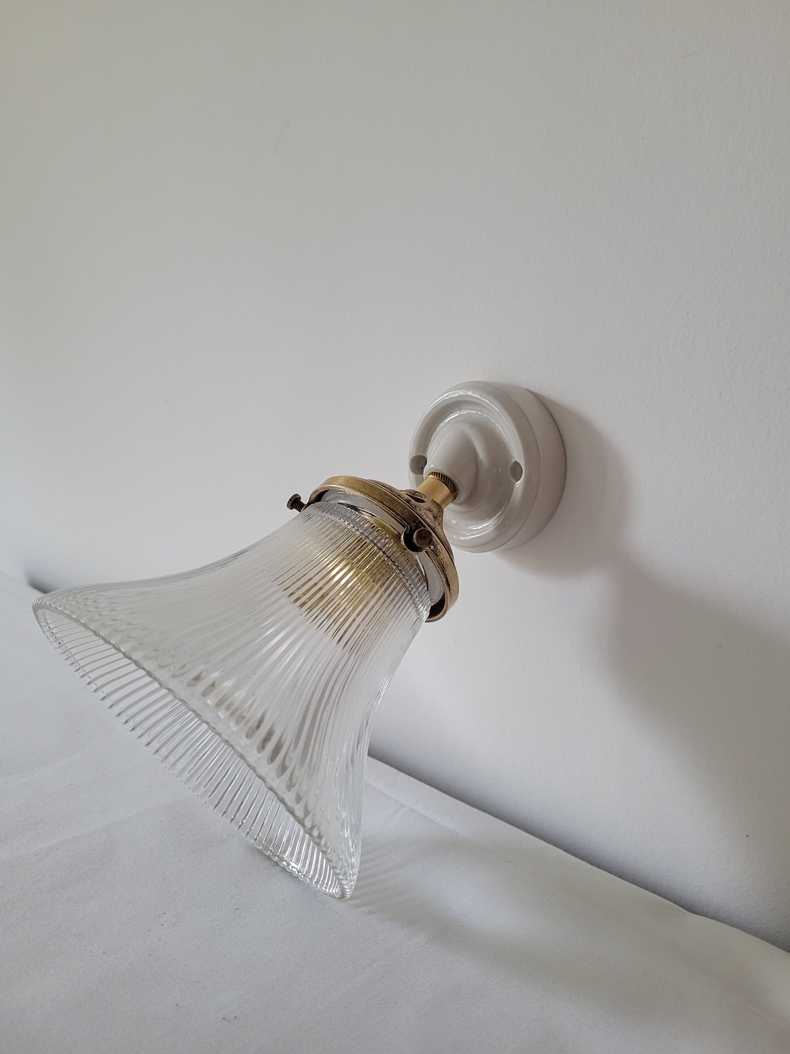 Porcelain wall lamp and Holophane style glass