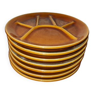 7 brown fondue plates in earthenware of Saint Amand