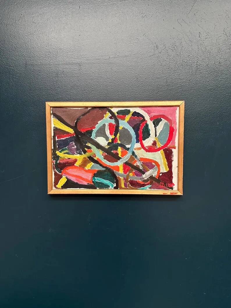 Original Swedish Oil on Canvas – “Abstract Composition” – Signed – Dated 1960 – Vintage & Framed – 44.5 × 31 cm (17.5" × 12.2")