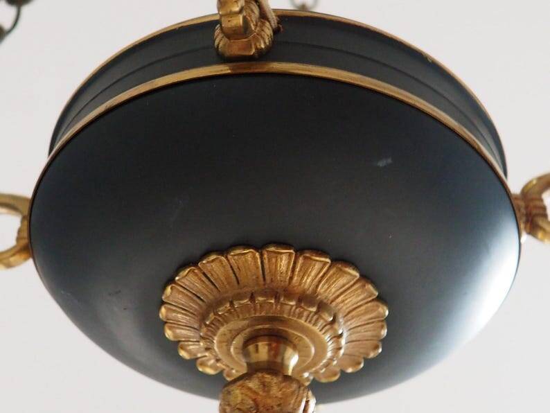 Vintage French Empire Swan Chandelier: Bronze Brass Toleware, C1950s