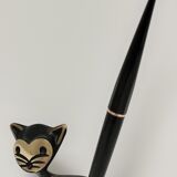 Porte stylo zoomorphe chat bronze patine noir design vintage