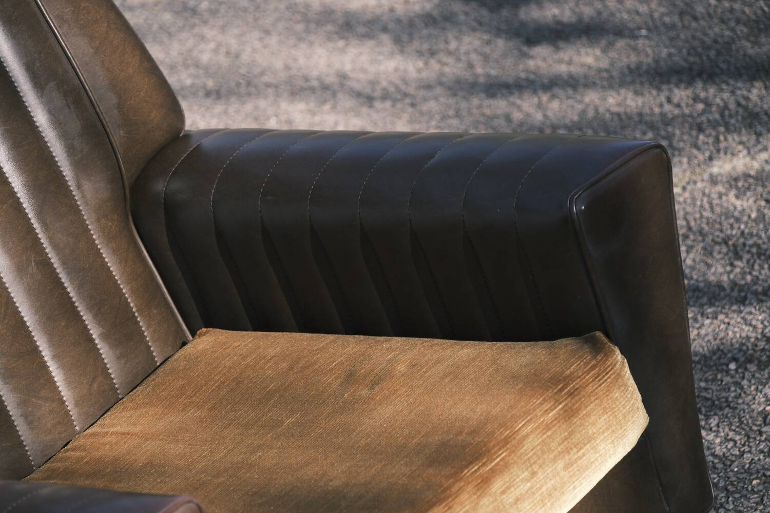 Vintage 60s armchair in brown skai and mustard fabric – restored