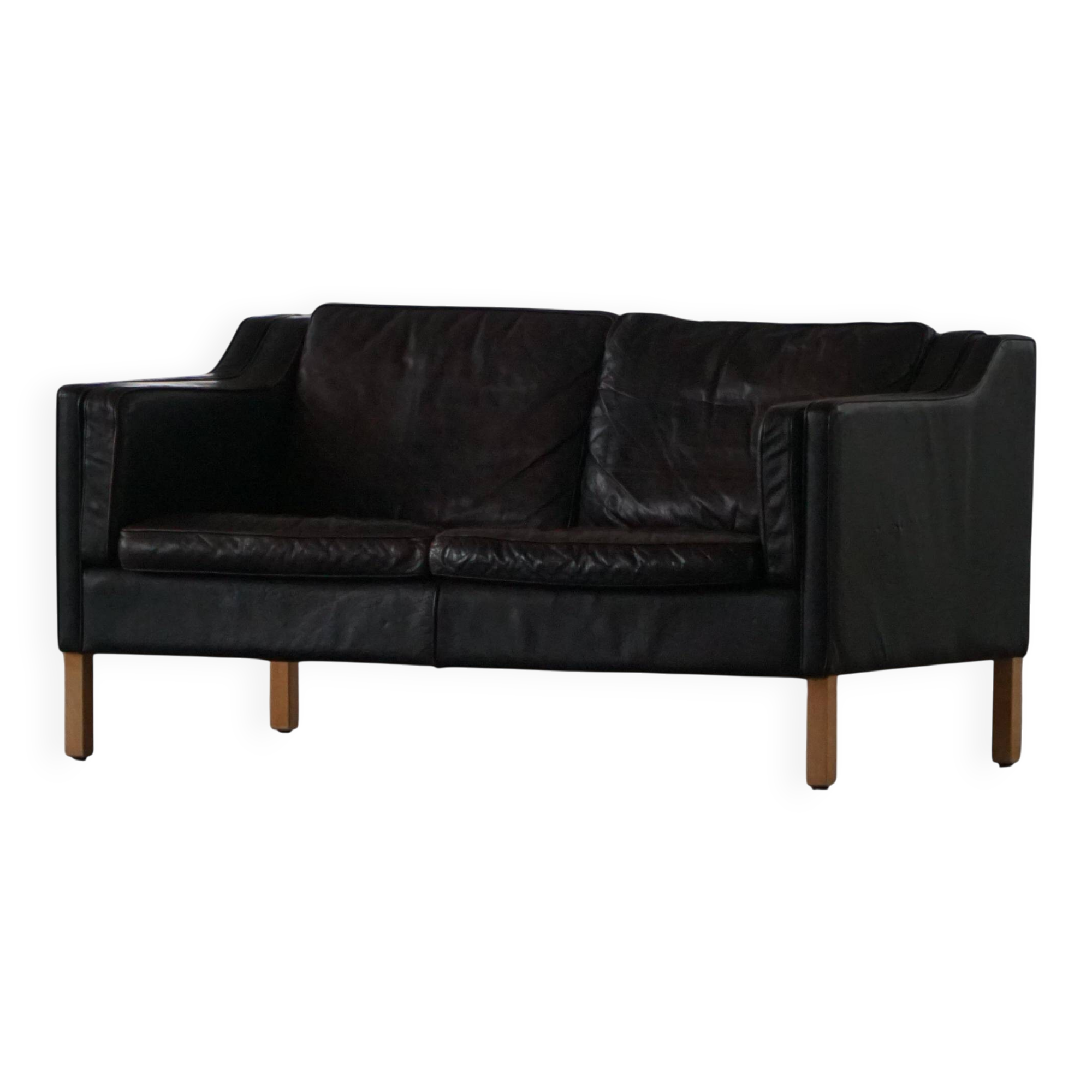 Mogens Hansen, 2-seater canapé mid-century, patinated black leather, 1970s.