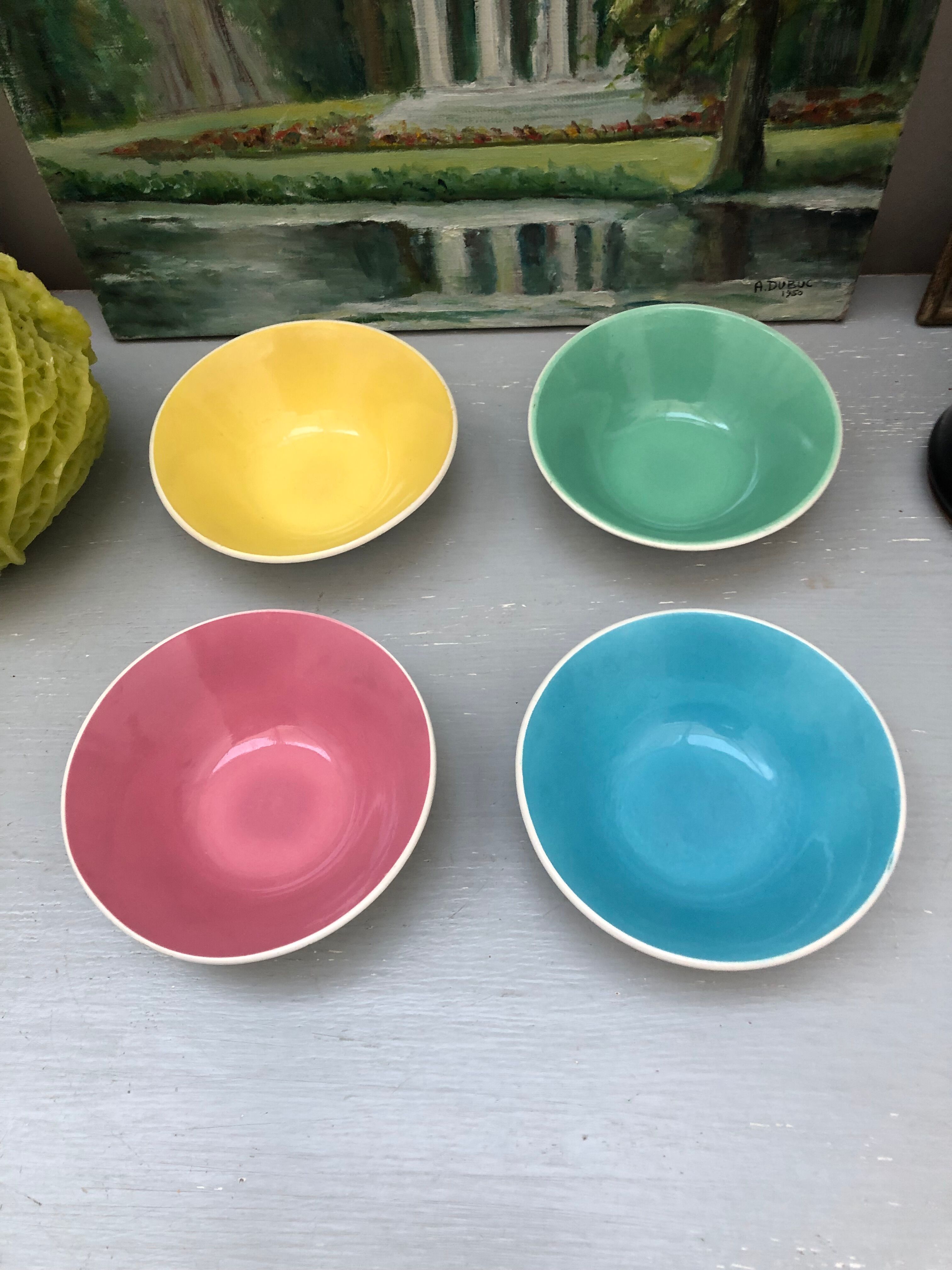 4 Digoin cups France the Francorussian green yellow blue pink dessert