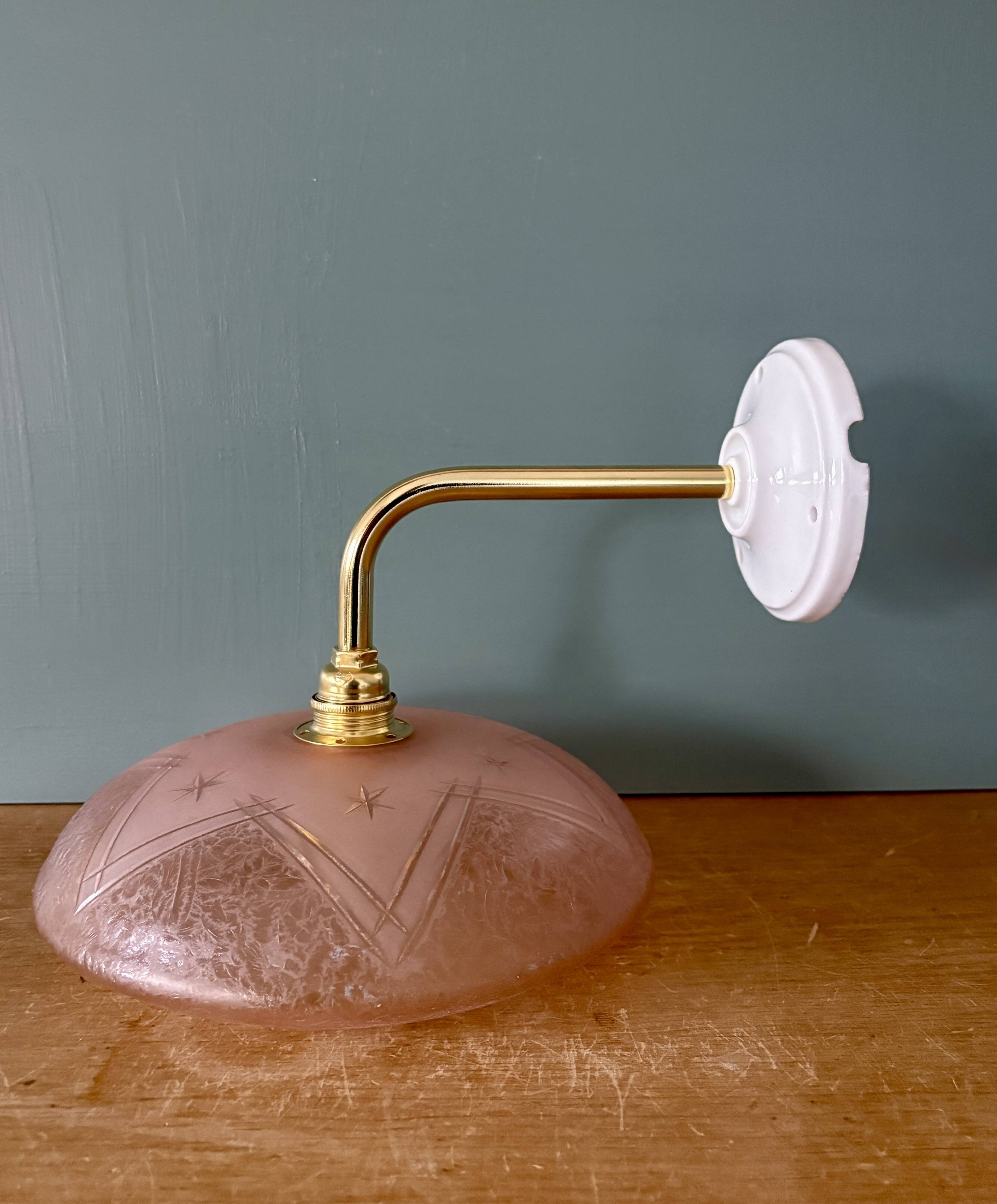 Vintage pink frosted glass wall lamp with elbow arm