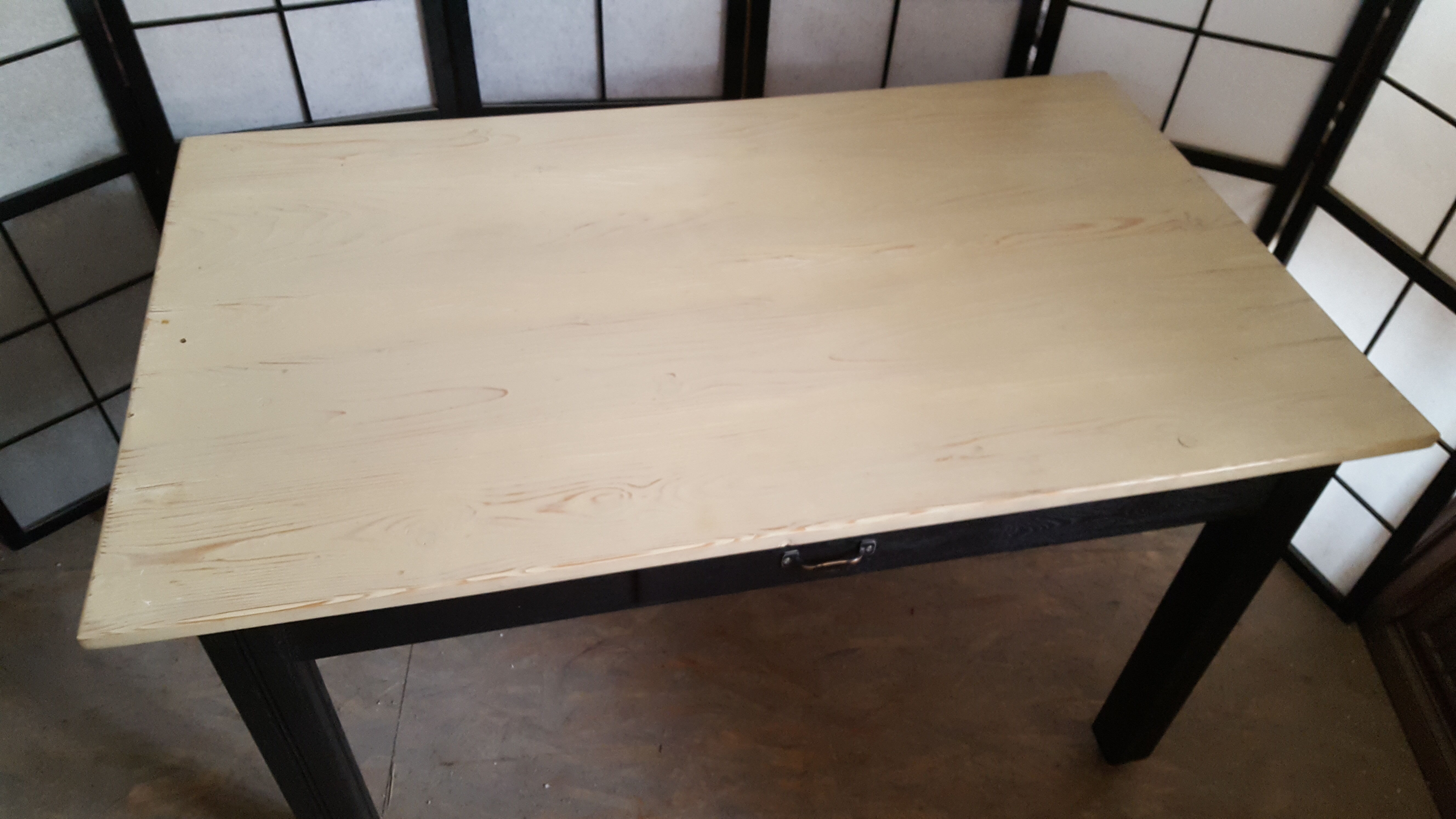 Farm table, dining, oak and pine patinated black and pale yellow