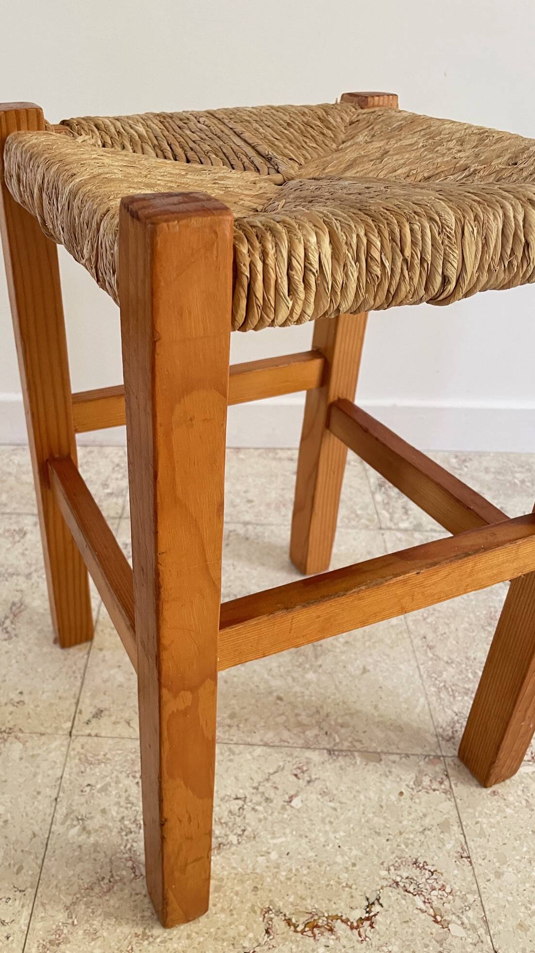 Pair of vintage wooden and straw stools