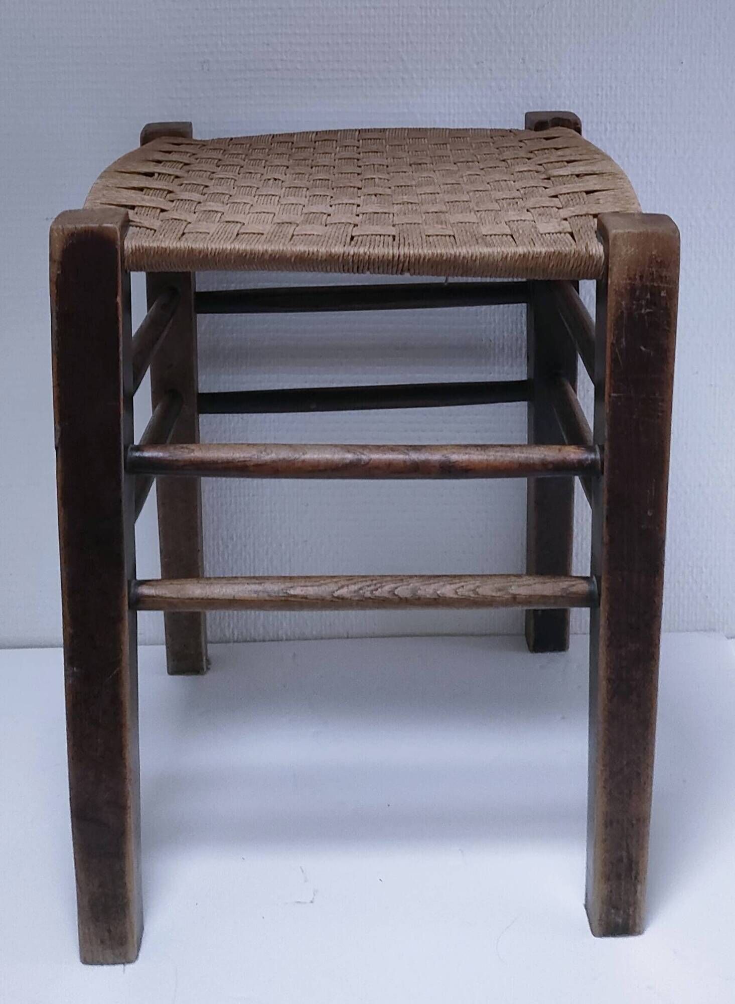 wooden stool with woven plant seat vintage