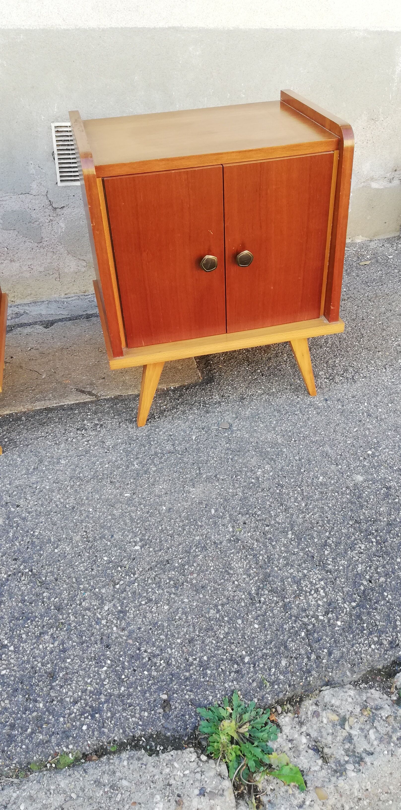 Pair of vintage wooden bedside tables 2 tones
