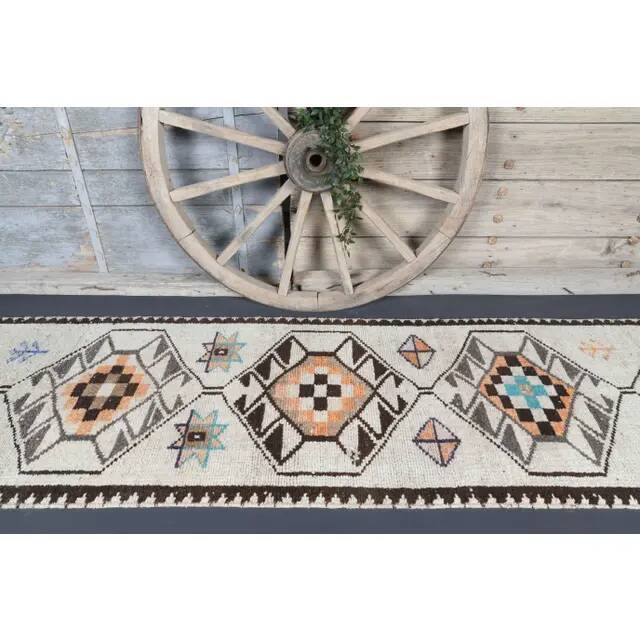 Vintage Turkish Oushak Handmade Wool Cotton White Runner Rug 81x363