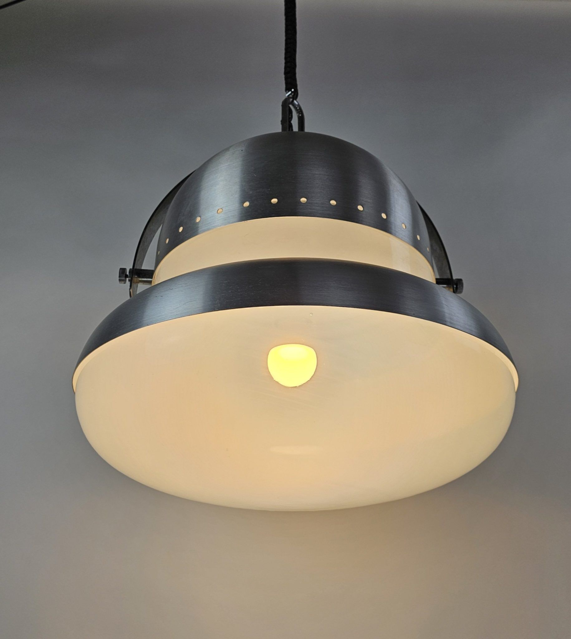 Large pendant lamp in brushed metal and opaline glass, Italy 1970s