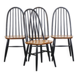 Set of 4 vintage wooden design chairs with black spindle backrest and brown seat