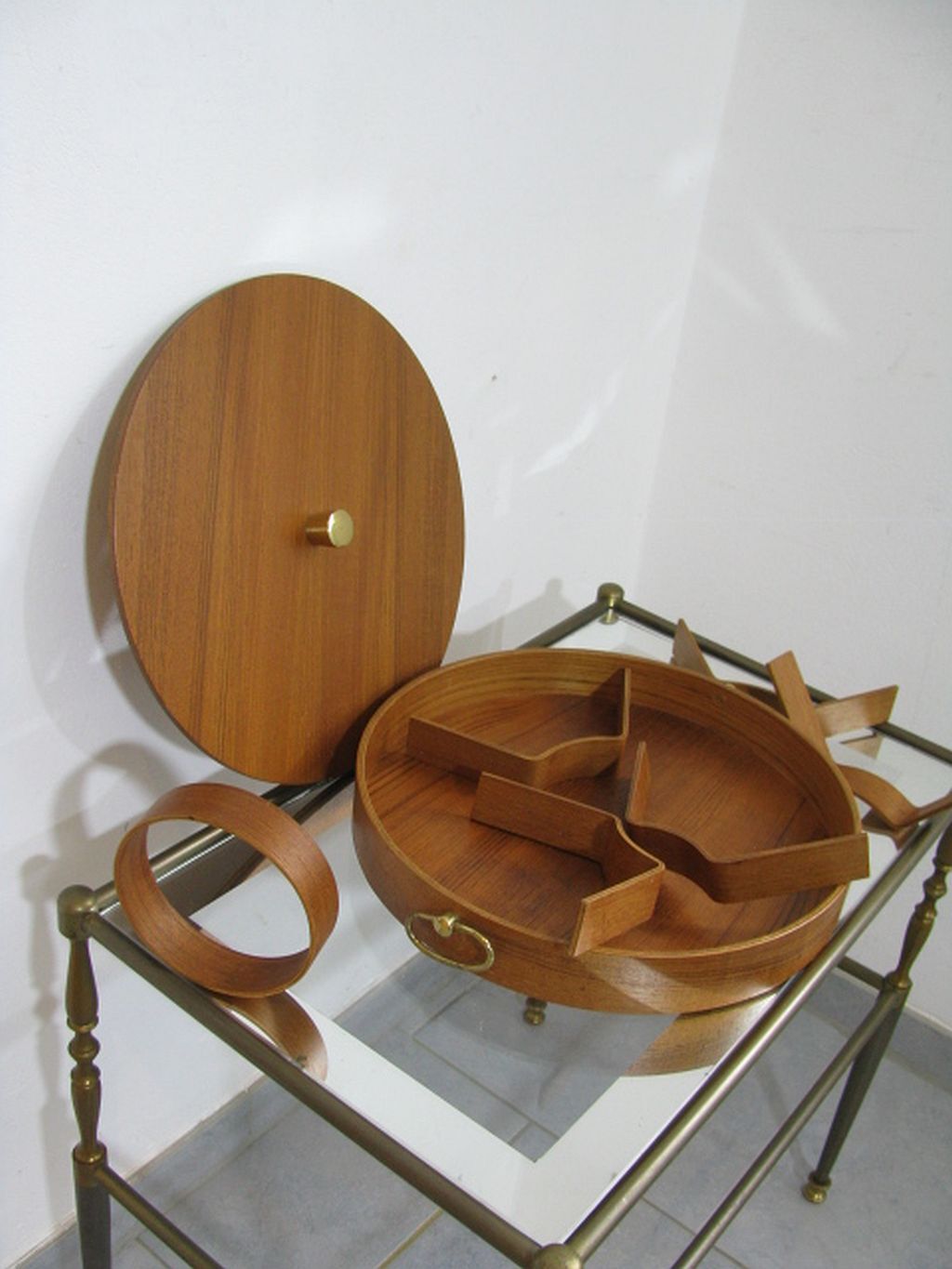 Mid century sewing box with / asystent / Service platform  teak 1960/70s