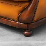 Pair of leather and wood armchairs 1950s vintage modernism