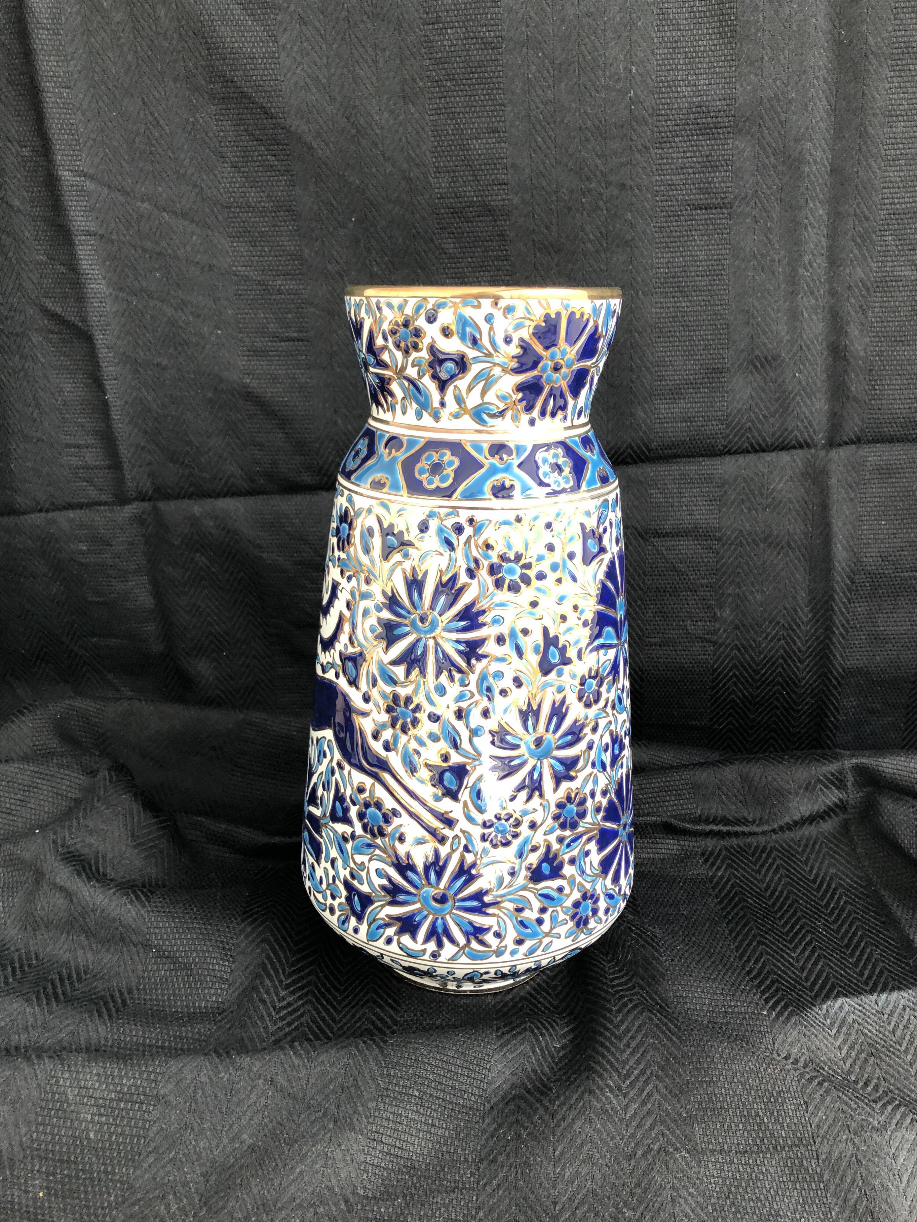 Vase grec vintage Nassos Hellas Rodos or bleu et blanc