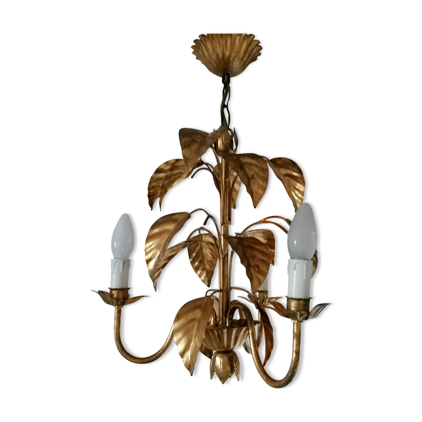 Lustre métal doré 3 feux décor feuilles